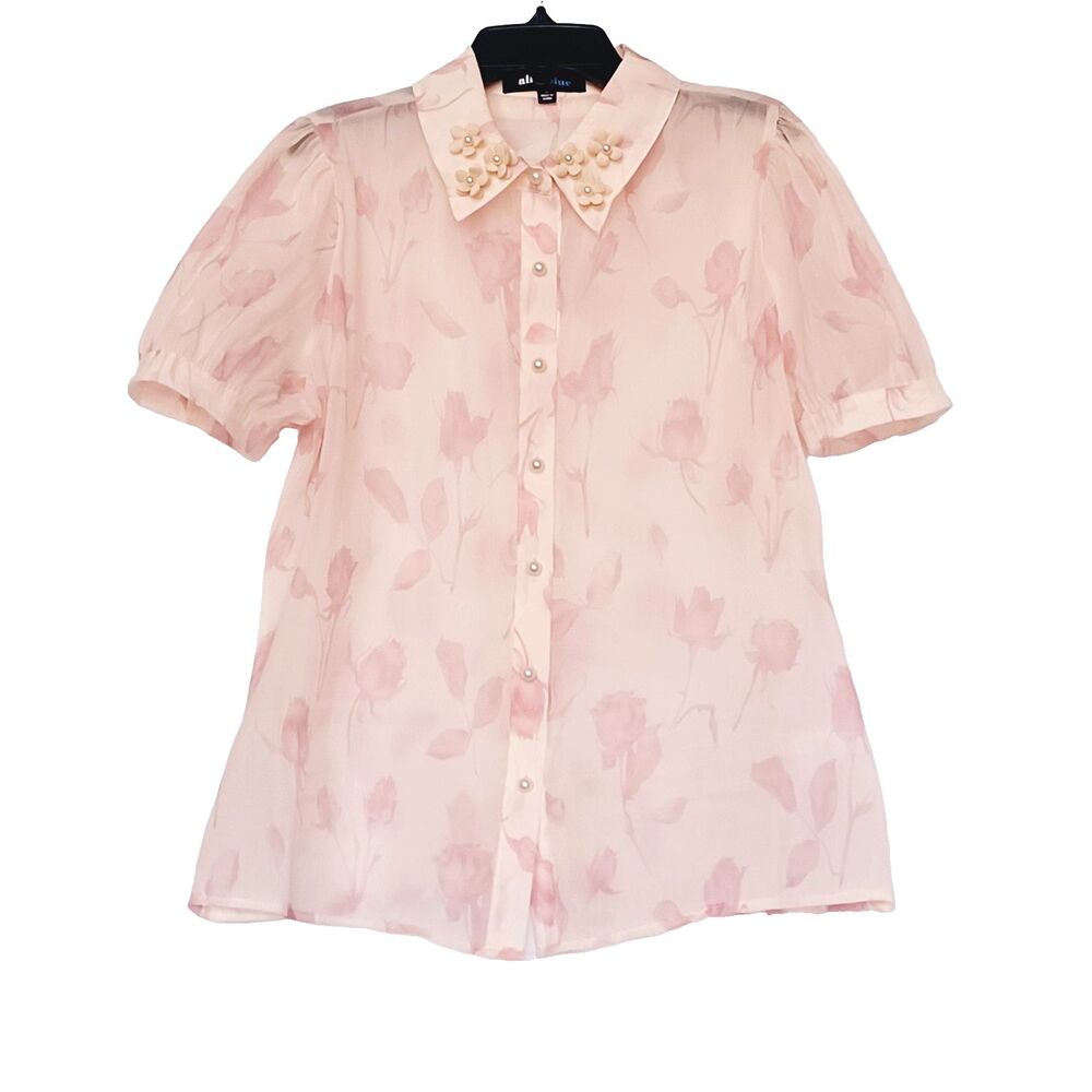 AliceBlue Women’s M Pink Floral Sheer Chiffon Collared Button Puff Sleeve Blouse